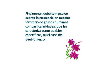 Finalmente, debe tomarse en
cuenta la existencia en nuestro
territorio de grupos humanos
con particularidades, que les
caracteriza como pueblos
específicos, tal el caso del
pueblo negro.
 