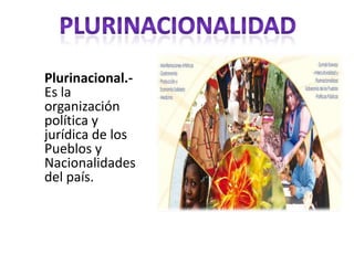 Plurinacional.-
Es la
organización
política y
jurídica de los
Pueblos y
Nacionalidades
del país.
 