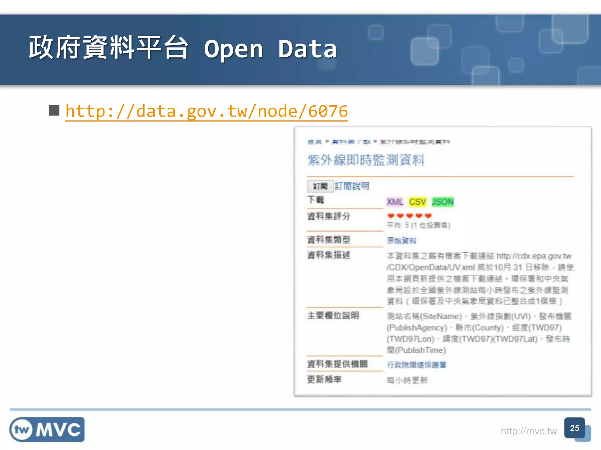 http://mvc.tw
 http://data.gov.tw/node/6076
政府資料平台 Open Data
25
 