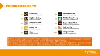 #7
#10
#1
#2
#3
#4
#5
#6
#8
#9
PROGRAMAS DE TV
Big Sexy Casting
facebook.com/bigsexytlc
Curvy Girls
facebook.com/TheCurvyGirls
Drop Dead Diva
facebook.com/dropdeaddiva
Gossip Girl
facebook.com/GossipGirl
Glee
facebook.com/Glee
Sex and the City
facebook.com/sexandthecity
The Big Bang Theory
facebook.com/TheBigBangTheory
Esquadrão da Moda
facebook.com/EsquadraodaModaSBT
Hoje em Dia
facebook.com/ProgramaHojeEmDia
Vanguarda Mix
facebook.com/VanguardaMix
Entre os principais programas de TV curtidos pelas blogueiras plus size, elencam as principais posições as atrações
pensadas para o público plus size, como é o caso de Curvy Girls e Big Sexy Casting.
Embora estas atrações não tenham divulgado conteúdos relevantes no período (a página Curvy Girls, por exemplo,
teve sua última atualização em 2014), é importante destacar sua relevância frente às demais atrações.
 
