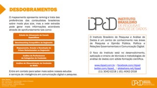 DESDOBRAMENTOS
O mapeamento apresenta ranking e trata das
preferências das conteudistas brasileiras
sobre moda plus size, mas a rede extraída
pode gerar mais informações acionáveis
através de aprofundamento tais como:
Estudo de Adequação de Canais
Específicos
Benchmarking Competitivo de Segmento
Análise de Disseminação de Conteúdo
de Mídia
Análise de Performance
de Categorias de Conteúdo
Mapeamento, Evasão e Resolução de
Crises Relacionadas ao Segmento
Entre em contato para saber mais sobre nossos estudos
e serviços de inteligência em comunicação digital e pesquisa.
O Instituto Brasileiro de Pesquisa e Análise de
Dados é um centro de conhecimento nas áreas
de Pesquisa e Opinião Pública, Política e
Relações Governamentais e Comunicação Digital.
O foco do Instituto está no desenvolvimento,
aplicação e ensino de técnicas e metodologias de
análise de dados com sólida formação científica.
www.ibpad.com.br | facebook.com/ibpad
twitter.com/ibpad_ | slideshare.net/ibpad
(11) 3042-0218 | (61) 4042-2018
Ficha Técnica
Msc. Tarcízio Silva – Metodologia, Análise e Redação
Msc. Max Stabile – Metodologia
Roberta Cardoso – Análise e Redação
Yuri Amaral - Ilustração
 