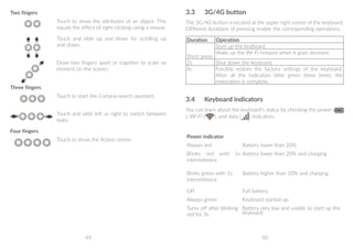 49 50
3.3	 3G/4G button
The 3G/4G button is located at the upper right corner of the keyboard.
Different durations of pressing enable the corresponding operations.
Duration Operation
Short press
Start up the keyboard.
Wake up the Wi-Fi hotspot when it goes dormant.
2s Shut down the keyboard.
8s Forcibly restore the factory settings of the keyboard.
After all the indicators blink green three times, the
restoration is complete.
3.4	 Keyboard indicators
You can learn about the keyboard's status by checking the power (
), Wi-Fi ( ), and data ( ) indicators.
Power indicator
Always red Battery lower than 20%
Blinks red with 1s
intermittence
Battery lower than 20% and charging
Blinks green with 1s
intermittence
Battery higher than 20% and charging
Off Full battery
Always green Keyboard started up
Turns off after blinking
red for 3s
Battery very low and unable to start up the
keyboard
Two fingers
Touch to show the attributes of an object. This
equals the effect of right-clicking using a mouse.
Touch and slide up and down for scrolling up
and down.
Draw two fingers apart or together to scale an
element on the screen.
Three fingers
Touch to start the Cortana search assistant.
Touch and slide left or right to switch between
tasks.
Four fingers
Touch to show the Action centre.
 