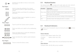 51 52
Double tap and slide to move an icon across
the screen.
Two fingers
Touch to show the attributes of an object.
This equals the effect of right-clicking using a
mouse.
Touch and slide up and down for scrolling up
and down.
Draw two fingers apart or together to scale an
element on the screen.
Three fingers
Touch to start the Cortana search assistant.
Touch and slide up to switch to the multitasking
view.
Touch and slide down to show the desktop by
minimizing all the windows.
Touch and slide left or right to switch between
tasks.
Four fingers
Touch to show the Action centre.
3.3	 Keyboard button
The keyboard button is located at the upper right part of the keyboard.
Different durations of pressing enable the corresponding operations.
Duration Operation
Short press
Start up the keyboard.
Wake up the Wi-Fi hotspot when it goes dormant.
Shut down the keyboard.
6s Forcibly restore the factory settings of the keyboard.
10s Forcibly restart the keyboard when it crashes.
3.4	 Keyboard indicators
You can learn about the keyboard's status by checking the power ( ) and data
( ) indicators.
Power indicator
Constant white Battery higher than 10%
Constant
orange
Battery lower than 10%
Off Battery lower than 5% and keyboard shut down
Data indicator
Constant white 3G/4G data service available
 