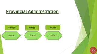 Provincial Administration
Provinces Districts Villages
Kumaras Sthanika Gramika
 