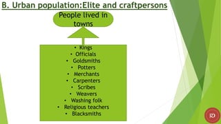 B. Urban population:Elite and craftpersons
• Kings
• Officials
• Goldsmiths
• Potters
• Merchants
• Carpenters
• Scribes
• Weavers
• Washing folk
• Religious teachers
• Blacksmiths
People lived in
towns
 