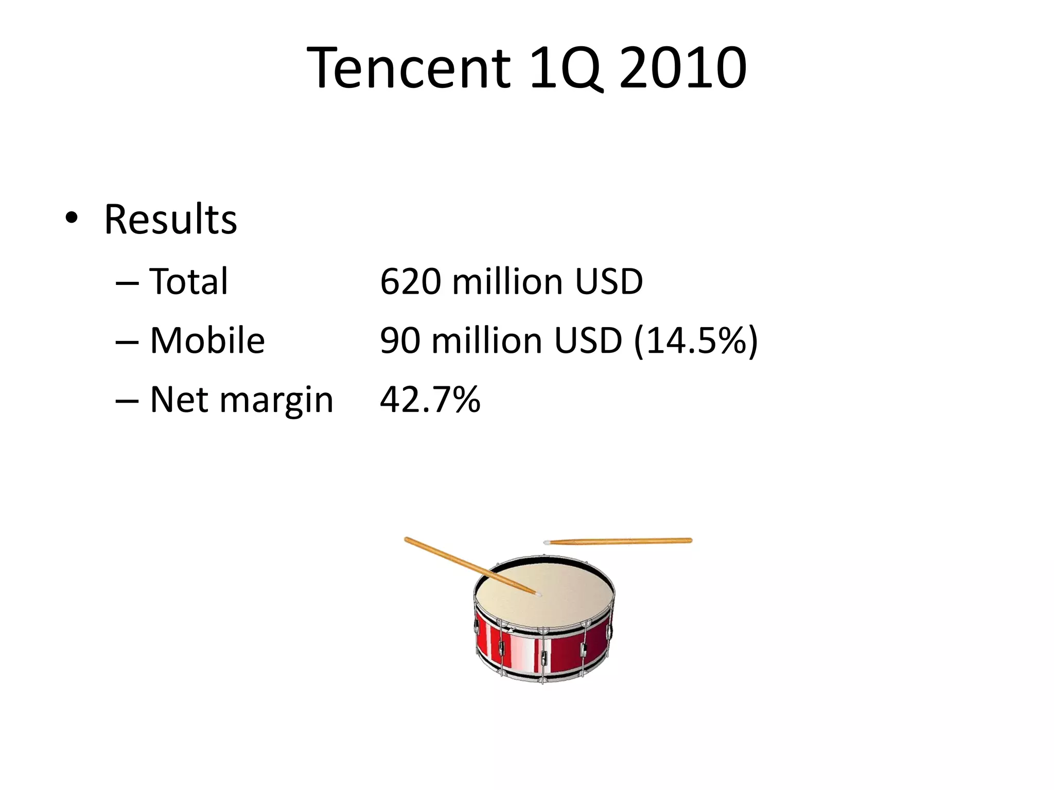 Tencent 1Q 2010

• Results
  – Total        620 million USD
  – Mobile       90 million USD (14.5%)
  – Net margin   42.7%
 
