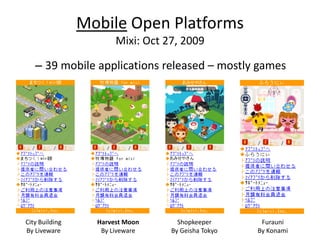Mobile Open Platforms
                       Mixi: Oct 27, 2009

   – 39 mobile applications released – mostly games




City Building     Harvest Moon      Shopkeeper       Furauni
By Liveware        By Liveware    By Geisha Tokyo   By Konami
 
