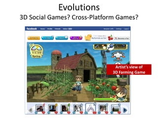 Evolutions
3D Social Games? Cross-Platform Games?




                              Artist’s view of
                             3D Farming Game
 