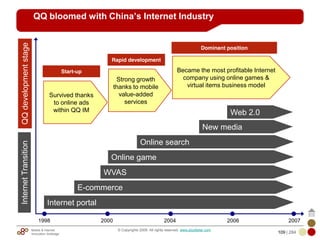 Mobile & Internet
Innovation Arbitrage 109 | 284
© Copyrights 2009. All rights reserved. www.plus8star.com
Became the most profitable Internet
company using online games &
virtual items business model
Strong growth
thanks to mobile
value-added
services
QQ bloomed with China’s Internet Industry
Survived thanks
to online ads
within QQ IM
Start-up
Rapid development
Dominant position
1998 2000 2004 2006
Internet portal
WVAS
E-commerce
Online game
Online search
New media
InternetTransitionQQdevelopmentstage
2007
Web 2.0
 