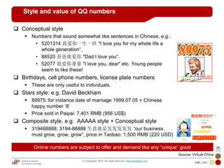 Mobile & Internet
Innovation Arbitrage 134 | 284
© Copyrights 2009. All rights reserved. www.plus8star.com
Style and value of QQ numbers
Conceptual style
Numbers that sound somewhat like sentences in Chinese, e.g.:
• 5201314 我爱你一生一世 "I love you for my whole life a
whole generation―.
• 88520 爸爸我爱你 "Dad I love you―.
• 52077 我爱你妻妻 "I love you, dear" etc. Young people
seem to like these!
Birthdays, cell phone numbers, license plate numbers
These are only useful to individuals.
Stars style: e.g. David Beckham
89975: for instance date of marriage 1999.07.05 + Chinese
happy number ‗8‘
Price sold in Paipai: 7,401 RMB (956 US$)
Composite style, e.g. AAAAA style + Conceptual style
319488888: 3194-88888 生意就是发发发发发 ―our business
must grow, grow, grow‖, price in Taobao: 1,500 RMB (220 USD)
Online numbers are subject to offer and demand like any ―unique‖ good
Source: Virtual China
 