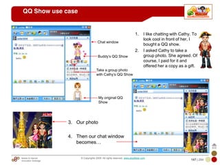 Mobile & Internet
Innovation Arbitrage 147 | 284
© Copyrights 2009. All rights reserved. www.plus8star.com
QQ Show use case
1. I like chatting with Cathy. To
look cool in front of her, I
bought a QQ show.
2. I asked Cathy to take a
group photo. She agreed. Of
course, I paid for it and
offered her a copy as a gift.
Buddy‘s QQ Show
Chat window
My original QQ
Show
Take a group photo
with Cathy‘s QQ Show
3. Our photo
4. Then our chat window
becomes…
 