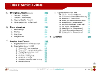 Mobile & Internet
Innovation Arbitrage 16 | 284
© Copyrights 2009. All rights reserved. www.plus8star.com
Table of Content | Details
5. Strengths & Weaknesses 236
1. Tencent‘s strengths 237
2. Tencent‘s weaknesses 238
3. Opportunities for Tencent 239
4. What are the risks for Tencent? 240
6. Users Interviews 241
1. Methodology 242
2. Profiles 243
3. Interviews 244
4. Image of QQ 248
7. Insights from Experts 249
1. Experts interviewed in this research 250
2. Experts interviewed in 2009 251
1. Views on QQ's local competitors 253
2. Views on QQ's international competitors 255
3. The digital goods business model 256
4. Tencent's innovations 257
5. What is the limit for growth 258
6. What could go wrong? 259
7. What is the potential of mobile for QQ? 260
8. Overall Consensus 261
3. Experts interviewed in 2008 262
11. Exclusive interview with Tencent 263
12. Characteristics of China's Internet industry 267
13. What made QQ so successful? 269
14. What is your professional opinion of QQ? 270
15. What would be QQ‘s weaknesses? 271
16. Who could compete with QQ and how? 272
17. Can Tencent internationalize? 273
18. QQ‘s influence on Chinese society? 274
19. Favorite Chinese Internet services? 275
20. What‘s next in the Chinese Internet? 276
8. Appendix 277
 