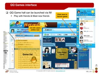 Mobile & Internet
Innovation Arbitrage 170 | 284
© Copyrights 2009. All rights reserved. www.plus8star.com
QQ Games interface
QQ Game hall can be launched via IM
Play with friends & Meet new friends
Video Poker
Game
5.6 mln users
online now
Click here to
launch game
Game list
Game
list
 