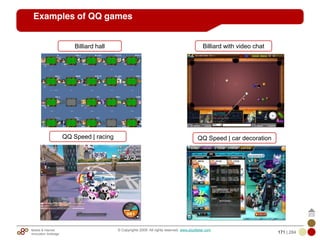 Mobile & Internet
Innovation Arbitrage 171 | 284
© Copyrights 2009. All rights reserved. www.plus8star.com
Examples of QQ games
Billiard hall Billiard with video chat
QQ Speed | car decorationQQ Speed | racing
 