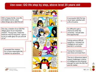 Mobile & Internet
Innovation Arbitrage 184 | 284
© Copyrights 2009. All rights reserved. www.plus8star.com
Use case: QQ life step by step, above level 20 years old
With a happy family, cozy life,
and stable income, what
other things can a QQ Pet do?
One day, a leader of our QQ Pet
village gave me an important
mission. ―Young man, I kept this
treasure map for long time. I give it
to you to seek glory for you and all
of us!‖
It‘s difficult to get a
chance to enter the
university. I should take
this opportunity!
Facing the monsters, I
was brave and beat them.
A successful QQ Pet has
never been satisfied with
a life of routine.
I accepted this mission.
For a more meaningful life,
I started my adventure.
Facing various difficult
questions, I showed my
intelligence and what I
learned in university
The trip in Adventure Island
means challenges in terms
of intelligence and physical
strength for both the QQ Pet
and its master.
 