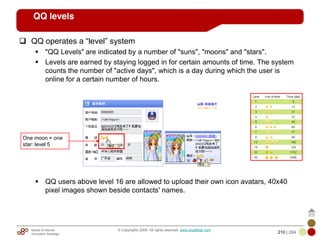 Mobile & Internet
Innovation Arbitrage 210 | 284
© Copyrights 2009. All rights reserved. www.plus8star.com
QQ levels
QQ operates a ―level‖ system
"QQ Levels" are indicated by a number of "suns", "moons" and "stars".
Levels are earned by staying logged in for certain amounts of time. The system
counts the number of "active days", which is a day during which the user is
online for a certain number of hours.
QQ users above level 16 are allowed to upload their own icon avatars, 40x40
pixel images shown beside contacts' names.
One moon + one
star: level 5
 