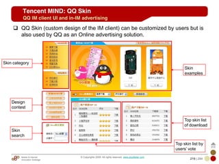 Mobile & Internet
Innovation Arbitrage 219 | 284
© Copyrights 2009. All rights reserved. www.plus8star.com
Tencent MIND: QQ Skin
QQ Skin (custom design of the IM client) can be customized by users but is
also used by QQ as an Online advertising solution.
QQ IM client UI and in-IM advertising
Skin category
Design
contest
Skin
search
Skin
examples
Top skin list
of download
Top skin list by
users‘ vote
 