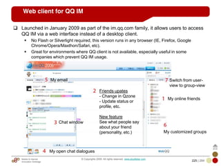Mobile & Internet
Innovation Arbitrage 225 | 284
© Copyrights 2009. All rights reserved. www.plus8star.com
Web client for QQ IM
Launched in January 2009 as part of the im.qq.com family, it allows users to access
QQ IM via a web interface instead of a desktop client.
No Flash or Silverlight required, this version runs in any browser (IE, Firefox, Google
Chrome/Opera/Maxthon/Safari, etc).
Great for environments where QQ client is not available, especially useful in some
companies which prevent QQ IM usage.
My online friends
Friends upates
- Change in Qzone
- Update status or
profile, etc.
New feature
See what people say
about your friend
(personality, etc.)
Chat window
My open chat dialogues
My email
My customized groups
Switch from user-
view to group-view
 