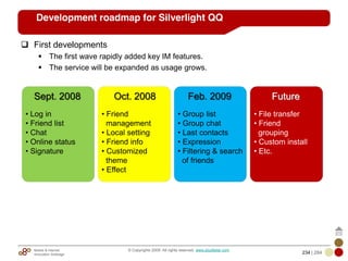 Mobile & Internet
Innovation Arbitrage 234 | 284
© Copyrights 2009. All rights reserved. www.plus8star.com
Future
• File transfer
• Friend
grouping
• Custom install
• Etc.
Development roadmap for Silverlight QQ
First developments
The first wave rapidly added key IM features.
The service will be expanded as usage grows.
 