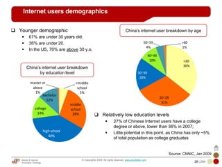 Mobile & Internet
Innovation Arbitrage 28 | 284
© Copyrights 2009. All rights reserved. www.plus8star.com
Internet users demographics
Younger demographic
67% are under 30 years old.
36% are under 20.
In the US, 70% are above 30 y.o.
<20
36%
20~29
31%
30~39
18%
40~49
10%
50~59
4%
>60
1%
China‘s internet user breakdown by age
<middle
school
5%
middle
school
28%
high school
40%
college
14%
bachelor
12%
master or
above
1%
China‘s internet user breakdown
by education level
Relatively low education levels
27% of Chinese Internet users have a college
degree or above, lower than 36% in 2007;
Little potential in this point, as China has only ~5%
of total population as college graduates
Source: CNNIC, Jan 2009
 