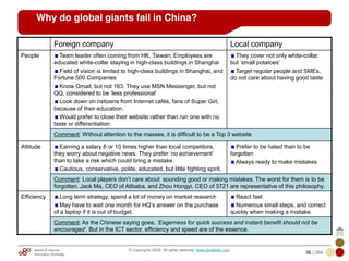 Mobile & Internet
Innovation Arbitrage 36 | 284
© Copyrights 2009. All rights reserved. www.plus8star.com
Foreign company Local company
People Team leader often coming from HK, Taiwan; Employees are
educated white-collar staying in high-class buildings in Shanghai
Field of vision is limited to high-class buildings in Shanghai, and
Fortune 500 Companies
Know Gmail, but not 163. They use MSN Messenger, but not
QQ, considered to be ‗less professional‘
Look down on netizens from Internet cafés, fans of Super Girl,
because of their education.
Would prefer to close their website rather than run one with no
taste or differentiation
They cover not only white-collar,
but ‗small potatoes‘
Target regular people and SMEs,
do not care about having good taste
Comment: Without attention to the masses, it is difficult to be a Top 3 website
Attitude Earning a salary 8 or 10 times higher than local competitors,
they worry about negative news. They prefer ‗no achievement‘
than to take a risk which could bring a mistake.
Cautious, conservative, polite, educated, but little fighting spirit.
Prefer to be hated than to be
forgotten
Always ready to make mistakes
Comment: Local players don‘t care about sounding good or making mistakes. The worst for them is to be
forgotten. Jack Ma, CEO of Alibaba, and Zhou Hongyi, CEO of 3721 are representative of this philosophy.
Efficiency Long term strategy, spend a lot of money on market research
May have to wait one month for HQ‘s answer on the purchase
of a laptop if it is out of budget.
React fast
Numerous small steps, and correct
quickly when making a mistake.
Comment: As the Chinese saying goes, „Eagerness for quick success and instant benefit should not be
encouraged‟. But in the ICT sector, efficiency and speed are of the essence.
Why do global giants fail in China?
 
