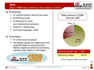 Mobile & Internet
Innovation Arbitrage 49 | 284
© Copyrights 2009. All rights reserved. www.plus8star.com
Sina
Positioning
#1 Internet portal in terms of ad value
#2 MVAS provider
A reference for news
and entertainment products.
Peak PV > 800mln/day
Full time employees: 2,080
Comments
#1 online brand ad player
Will largely expand its media reach and
customer base by acquiring Focus
Media‘s digital out-of-home advertising
networks (see details in next page)
Total revenue in 2008:
370 mln USD
Sina + FMCN may create No.2 ad company in China
Revenue growth rate 50%
Operating margin 20.2%
Source: Company 2008 annual report
 