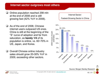 Mobile & Internet
Innovation Arbitrage 62 | 284
© Copyrights 2009. All rights reserved. www.plus8star.com
Online population reached 298 mln
at the end of 2008 and is still
growing fast (42% YoY in 2008).
As of the end of 2008, Chinese
internet users outpaced US ones.
China is still at the beginning of the
―S‖ curve of adoption and far from
saturation, as barely 1/4 of its
population is online, vs. 60~70% in
US, Japan, and Korea.
Overall Chinese online industry
sales should grow 20-30% YoY in
2009, exceeding other sectors.
Internet sector outgrows most others
Source: Morgan Stanley Research
Internet Sector:
Fastest-Growing Sector in China
2009IndustryGrowth
(estimates)
 