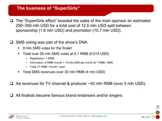 Mobile & Internet
Innovation Arbitrage 83 | 284
© Copyrights 2009. All rights reserved. www.plus8star.com
The business of “SuperGirls”
The ―SuperGirls effect‖ boosted the sales of the main sponsor an estimated
250~350 mln USD for a total cost of 12.5 mln USD split between
sponsorship (1.8 mln USD) and promotion (10.7 mln USD).
SMS voting was part of the show‘s DNA
8 mln SMS votes for the finale!
Total over 20 mln SMS votes at 0.1 RMB (0.015 USD)
• Registration: 1 RMB.
• Information: 6 RMB /month + 15 info SMS per month at 1 RMB / SMS.
• Total: 21 RMB / month / user!
Total SMS revenues over 30 mln RMB (4 mln USD)
Ad revenues for TV channel & producer ~40 mln RMB (over 5 mln USD).
All finalists became famous brand endorsers and/or singers.
 