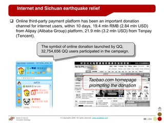 Mobile & Internet
Innovation Arbitrage 88 | 284
© Copyrights 2009. All rights reserved. www.plus8star.com
Internet and Sichuan earthquake relief
Online third-party payment platform has been an important donation
channel for internet users, within 10 days, 19.4 mln RMB (2.84 mln USD)
from Alipay (Alibaba Group) platform, 21.9 mln (3.2 mln USD) from Tenpay
(Tencent).
Taobao.com homepage
promoting the donation
The symbol of online donation launched by QQ,
32,754,656 QQ users participated in the campaign.
 