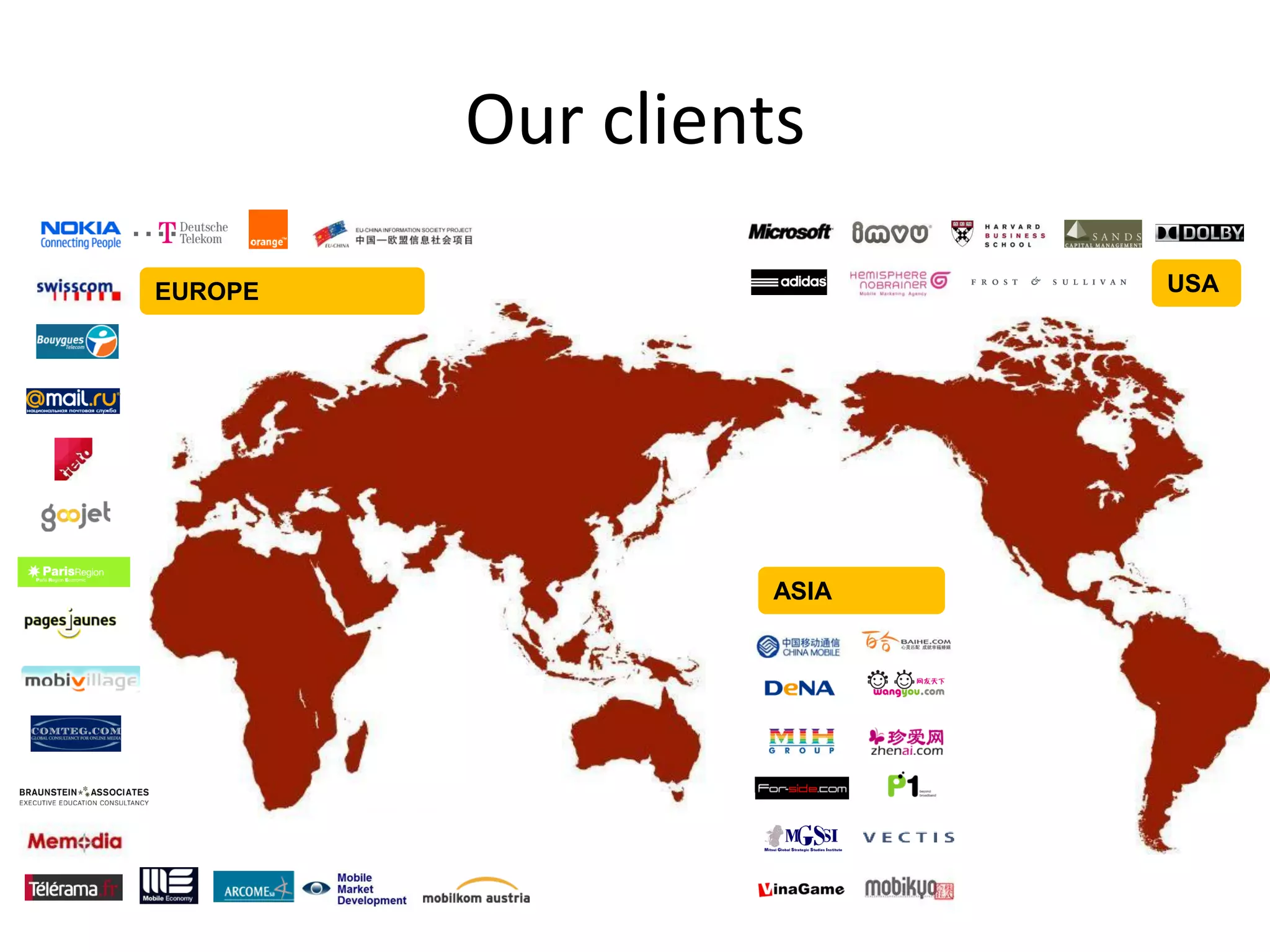 Our clients

EUROPE                   USA




                  ASIA
 