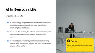 AI in Everyday Life
● AI is increasingly integrated into daily activities, from virtual
assistants managing schedules to smart home devices
automating household tasks.
● The use of AI in everyday life extends to entertainment, with
recommendation algorithms shaping digital content
experiences.
● AI-powered transportation systems are also transforming
daily life, with autonomous vehicles and traffic management
systems relying on AI.
Impact on Daily Life
Customize the examples to reflect the
specific ways AI is integrated into daily life in
your region or industry.
Plus tip:
 