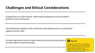 AI raises significant concerns about data privacy and security, given its reliance
on vast amounts of personal data.
The widespread adoption of AI could lead to job displacement as automation
replaces certain roles.
AI algorithms are often biased, reflecting the prejudices and assumptions
present in the training data.
Challenges and Ethical Considerations
To customize this slide, consider adding
specific examples of AI bias in algorithms
and its real-world impact. You could also
include relevant statistics on job
displacement and data security issues to
enhance the impact of this slide.
Plus tip:
 