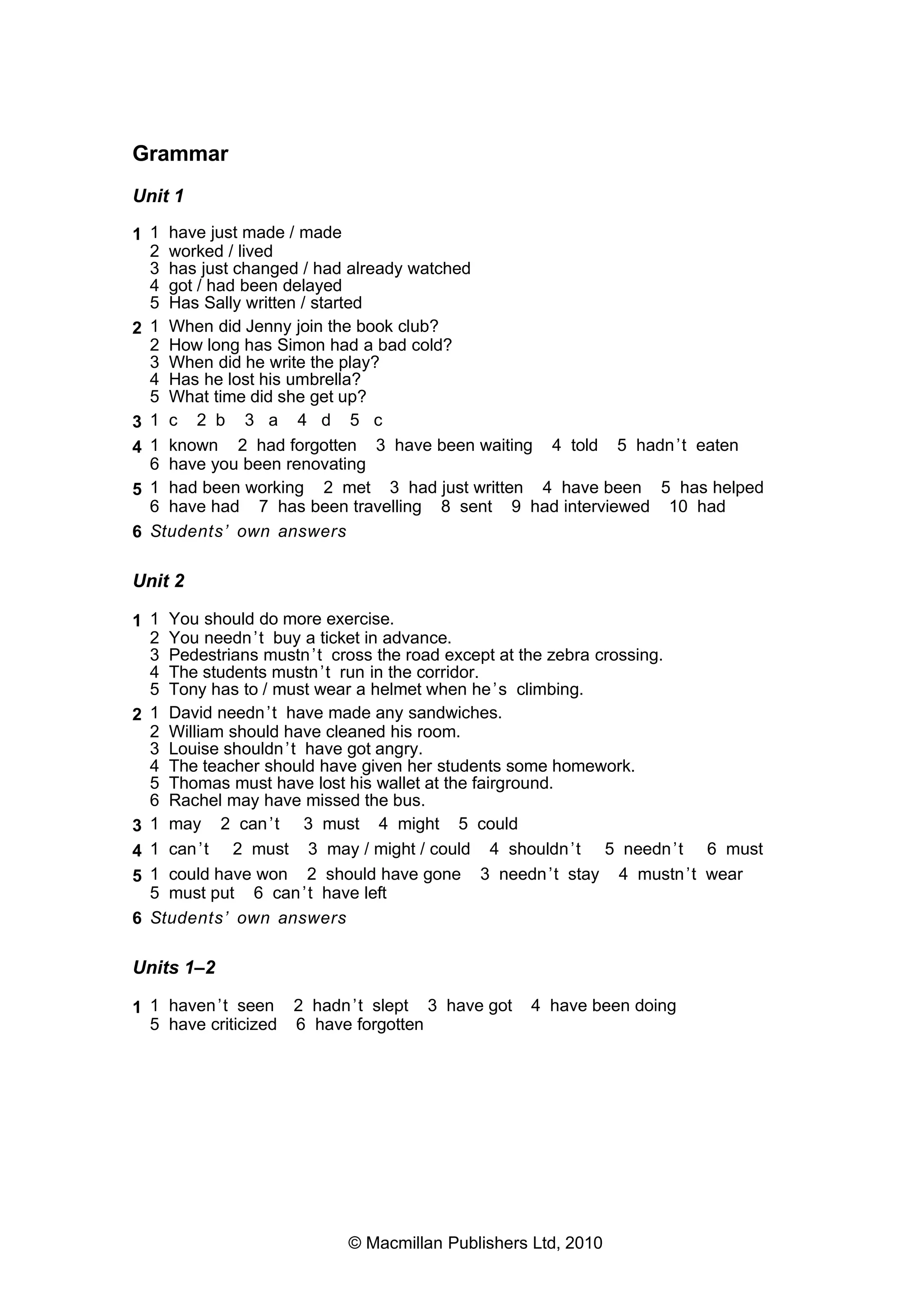 Grammar
Unit 1
1 1 have just made / made
2 worked / lived
3 has just changed / had already watched
4 got / had been delayed
5 Has Sally written / started
2 1 When did Jenny join the book club?
2 How long has Simon had a bad cold?
3 When did he write the play?
4 Has he lost his umbrella?
5 What time did she get up?
3 1 c 2 b 3 a 4 d 5 c
4 1 known 2 had forgotten 3 have been waiting 4 told 5 hadn’t eaten
6 have you been renovating
5 1 had been working 2 met 3 had just written 4 have been 5 has helped
6 have had 7 has been travelling 8 sent 9 had interviewed 10 had
6 Students’ own answers
Unit 2
1 1 You should do more exercise.
2 You needn’t buy a ticket in advance.
3 Pedestrians mustn’t cross the road except at the zebra crossing.
4 The students mustn’t run in the corridor.
5 Tony has to / must wear a helmet when he’s climbing.
2 1 David needn’t have made any sandwiches.
2 William should have cleaned his room.
3 Louise shouldn’t have got angry.
4 The teacher should have given her students some homework.
5 Thomas must have lost his wallet at the fairground.
6 Rachel may have missed the bus.
3 1 may 2 can’t 3 must 4 might 5 could
4 1 can’t 2 must 3 may / might / could 4 shouldn’t 5 needn’t 6 must
5 1 could have won 2 should have gone 3 needn’t stay 4 mustn’t wear
5 must put 6 can’t have left
6 Students’ own answers
Units 1–2
1 1 haven’t seen 2 hadn’t slept 3 have got 4 have been doing
5 have criticized 6 have forgotten
© Macmillan Publishers Ltd, 2010
 