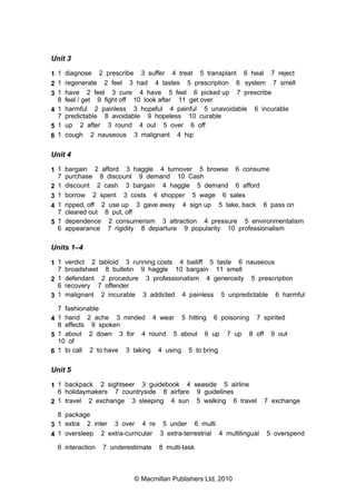 Unit 3
1 1 diagnose 2 prescribe 3 suffer 4 treat 5 transplant 6 heal 7 reject
2 1 regenerate 2 feel 3 had 4 tastes 5 prescription 6 system 7 smell
3 1 have 2 feel 3 cure 4 have 5 feel 6 picked up 7 prescribe
8 feel / get 9 fight off 10 look after 11 get over
4 1 harmful 2 painless 3 hopeful 4 painful 5 unavoidable 6 incurable
7 predictable 8 avoidable 9 hopeless 10 curable
5 1 up 2 after 3 round 4 out 5 over 6 off
6 1 cough 2 nauseous 3 malignant 4 hip
Unit 4
1 1 bargain 2 afford 3 haggle 4 turnover 5 browse 6 consume
7 purchase 8 discount 9 demand 10 Cash
2 1 discount 2 cash 3 bargain 4 haggle 5 demand 6 afford
3 1 borrow 2 spent 3 costs 4 shopper 5 wage 6 sales
4 1 ripped, off 2 use up 3 gave away 4 sign up 5 take, back 6 pass on
7 cleared out 8 put, off
5 1 dependence 2 consumerism 3 attraction 4 pressure 5 environmentalism
6 appearance 7 rigidity 8 departure 9 popularity 10 professionalism
Units 1–4
1 1 verdict 2 tabloid 3 running costs 4 bailiff 5 taste 6 nauseous
7 broadsheet 8 bulletin 9 haggle 10 bargain 11 smell
2 1 defendant 2 procedure 3 professionalism 4 generosity 5 prescription
6 recovery 7 offender
3 1 malignant 2 incurable 3 addicted 4 painless 5 unpredictable 6 harmful
7 fashionable
4 1 hand 2 ache 3 minded 4 wear 5 hitting 6 poisoning 7 spirited
8 effects 9 spoken
5 1 about 2 down 3 for 4 round 5 about 6 up 7 up 8 off 9 out
10 of
6 1 to call 2 to have 3 taking 4 using 5 to bring
Unit 5
1 1 backpack 2 sightseer 3 guidebook 4 seaside 5 airline
6 holidaymakers 7 countryside 8 airfare 9 guidelines
2 1 travel 2 exchange 3 sleeping 4 sun 5 walking 6 travel 7 exchange
8 package
3 1 extra 2 inter 3 over 4 re 5 under 6 multi
4 1 oversleep 2 extra-curricular 3 extra-terrestrial 4 multilingual 5 overspend
6 interaction 7 underestimate 8 multi-task
© Macmillan Publishers Ltd, 2010
 