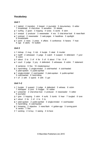 Vocabulary
Unit 1
1 1 tabloid 2 transition 3 biased 4 journalist 5 documentary 6 editor
7 broadsheet 8 chat show 9 sensation 10 debate
2 1 surfing 2 given 3 hopping 4 tunes 5 dumb 6 skim
3 1 analyst 2 producer 3 newsreader 4 era 5 chat show host 6 news flash
4 1 podcast 2 newsreader 3 web pages 4 headlines 5 spotlight
6 broadsheets
5 1 point 2 news 3 press 4 affairs 5 conference 6 factors 7 host
8 age 9 alerts 10 bulletin
Unit 2
1 1 kidnap 2 mug 3 rob 4 burgle 5 steal 6 murder
2 1 bailiff 2 witnessed 3 judge 4 culprit 5 suspect 6 defendant 7 juror
8 victim
3 1 about 2 to 3 of 4 for 5 of 6 about 7 for 8 of
4 1 court 2 judge 3 jury 4 defendant 5 witnesses 6 victim 7 statement
8 sentence 9 fine 10 misdemeanour
5 1 hard-hitting 2 single-minded 3 cold-hearted 4 cool-headed
5 plain-spoken 6 public-spirited
6 1 single-minded 2 cool-headed 3 plain-spoken 4 public-spirited
5 cold-hearted 6 hard-hitting
7 1 of 2 with 3 spend 4 with 5 got
Unit 1–2
1 1 burglar 2 suspect 3 judge 4 defendant 5 witness 6 victim
7 kidnapper 8 juror 9 mugger 10 robber
2 1 presenter 2 chat show host 3 producer 4 newsreader 5 editor
6 journalist
3 1 give 2 hopping 3 skim 4 surfs 5 dumb 6 hear 7 burgled 8 tune
4 1 about 2 for 3 of 4 to 5 to
5 1 plain-spoken 2 public-spirited 3 single-minded 4 cool-headed
5 hard-hitting 6 cold-hearted
6 1 browsing 2 objective 3 news flash 4 golden age 5 turning point
6 verdict 7 fine
7 1 working 2 to buy 3 seeing 4 to have
© Macmillan Publishers Ltd, 2010
 