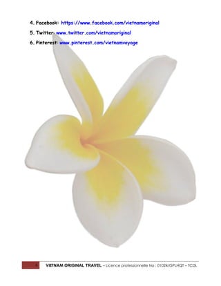 4. Facebook: https://www.facebook.com/vietnamoriginal
5. Twitter: www.twitter.com/vietnamoriginal
6. Pinterest: www.pinterest.com/vietnamvoyage

6

VIETNAM ORIGINAL TRAVEL – Licence professionnelle No : 01024/GPLHQT – TCDL

 