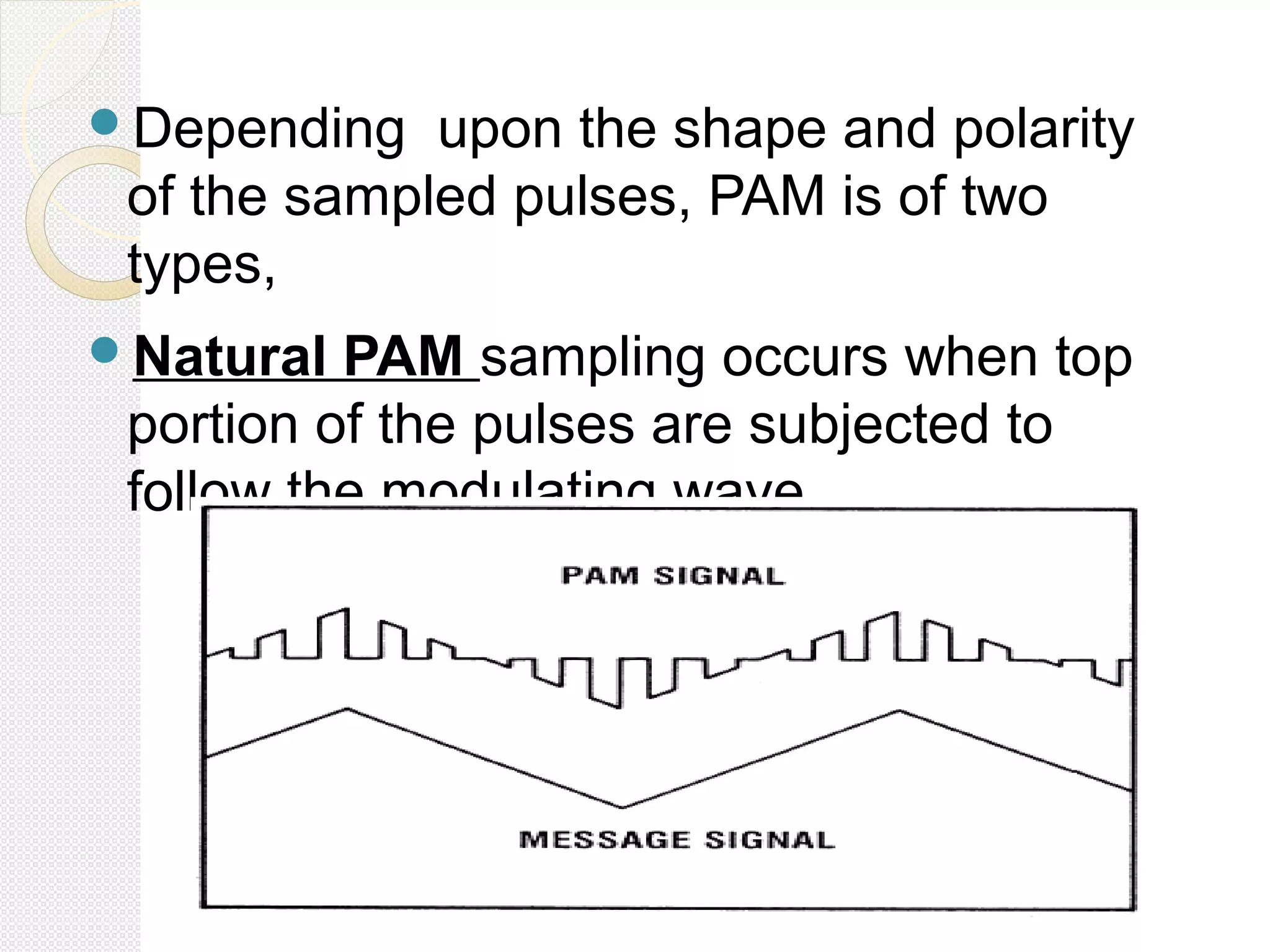 Depending upon the shape and polarity
of the sampled pulses, PAM is of two
types,
Natural PAM sampling occurs when top
portion of the pulses are subjected to
follow the modulating wave
 