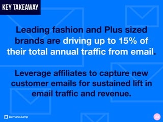 Leading fashion and Plus sized
brands are driving up to 15% of
their total annual traﬃc from email.
Leverage aﬃliates to capture new
customer emails for sustained lift in
email traﬃc and revenue.
Key takeaway
23
 