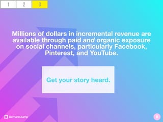 Millions of dollars in incremental revenue are
available through paid and organic exposure
on social channels, particularly Facebook,
Pinterest, and YouTube.
1 2 3
Get your story heard.
8
 