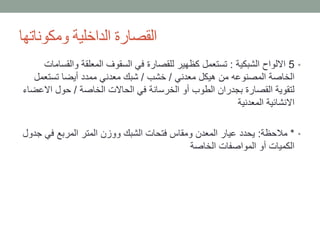 •5‫الشبكية‬ ‫االلواح‬:‫والق‬ ‫المعلقة‬ ‫السقوف‬ ‫في‬ ‫للقصارة‬ ‫كظهير‬ ‫تستعمل‬‫سامات‬
‫معدني‬ ‫هيكل‬ ‫من‬ ‫المصنوعه‬ ‫الخاصة‬/‫خشب‬/‫تستعم‬ ‫أيضا‬ ‫ممدد‬ ‫معدني‬ ‫شبك‬‫ل‬
‫الخاصة‬ ‫الحاالت‬ ‫في‬ ‫الخرسانة‬ ‫أو‬ ‫الطوب‬ ‫بجدران‬ ‫القصارة‬ ‫لتقوية‬/‫االع‬ ‫حول‬‫ضاء‬
‫المعدنية‬ ‫االنشائية‬
•*‫مالحظة‬:‫ج‬ ‫في‬ ‫المربع‬ ‫المتر‬ ‫ووزن‬ ‫الشبك‬ ‫فتحات‬ ‫ومقاس‬ ‫المعدن‬ ‫عيار‬ ‫يحدد‬‫دول‬
‫الخاصة‬ ‫المواصفات‬ ‫أو‬ ‫الكميات‬
‫ومكوناتها‬ ‫الداخلية‬ ‫القصارة‬
 