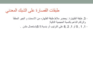 ‫المعدني‬ ‫الشبك‬ ‫على‬ ‫القصارة‬ ‫طبقات‬
•3.‫الظهارة‬ ‫طبقة‬:‫المطفأ‬ ‫الجير‬ ‫و‬ ‫االسمنت‬ ‫من‬ ‫الظهاره‬ ‫طبقة‬ ‫مالط‬ ‫يحضر‬
‫التالية‬ ‫الحجمية‬ ‫بالنسبة‬ ‫الناعم‬ ‫والركام‬:
•1,1,5‫أو‬1,2,8‫بنسبة‬ ‫أو‬ ‫الترتيب‬ ‫على‬:5:1‫ملدن‬ ‫باستعمال‬.
 