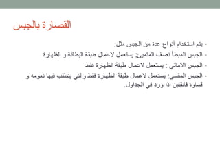 ‫بالجبس‬ ‫القصارة‬
•‫مثل‬ ‫الجبس‬ ‫من‬ ‫عدة‬ ‫أنواع‬ ‫استخدام‬ ‫يتم‬:
•‫المتميئ‬ ‫نصف‬ ‫المبطأ‬ ‫الجبس‬:‫الظهارة‬ ‫و‬ ‫البطانة‬ ‫طبقة‬ ‫العمال‬ ‫يستعمل‬
•‫االمائي‬ ‫الجبس‬:‫فقط‬ ‫الظهارة‬ ‫طبقة‬ ‫العمال‬ ‫يستعمل‬
•‫المقسى‬ ‫الجبس‬:‫ن‬ ‫فيها‬ ‫يتطلب‬ ‫والتي‬ ‫فقط‬ ‫الظهارة‬ ‫طبقة‬ ‫العمال‬ ‫يستعمل‬‫و‬ ‫عومه‬
‫الجداول‬ ‫في‬ ‫ورد‬ ‫اذا‬ ‫فائقتين‬ ‫قساوة‬.
 