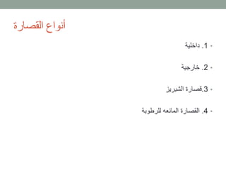 ‫القصارة‬ ‫أنواع‬
•1.‫داخلية‬
•2.‫خارجية‬
•3.‫الشبريز‬ ‫قصارة‬
•4.‫للرطوبة‬ ‫المانعه‬ ‫القصارة‬
 