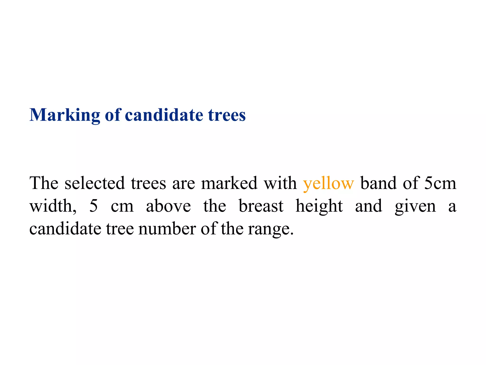 Marking of candidate trees
The selected trees are marked with yellow band of 5cm
width, 5 cm above the breast height and given a
candidate tree number of the range.
 