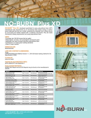 NO-BURN

Plus XD, developed specifically for spray polyurethane foam (SPF)
international code requirements as an intumescent latex based coating or ignition
barrier alternate that acts as a shield, protecting the substrate from a flame source
by surrounding the treated material with a protective char-barrier. Plus XD meets
intumescent coating requirements over spray polyurethane foam.
USES:
• Coverage rate 160-320 square feet per gallon
• Water-based, non-toxic, non-carcinogenic intumescent paint
• Applicable over open & closed cell spray polyurethane foam
• Contributes to or meets green building standards
• Class III vapor retarder
FINISH/COLOR:
flat/white/tinted
LOW VOC CONTENT & EMISSIONS:
18 g/L
CDPH/EHLB/Standard Method Version 1.1, 2010 (Emission testing method for CA
Specification 01350)
CLEAN-UP:
soap and water
TESTED IN ACCORDANCE WITH:
NFPA 286/AC377 and Appendix X
EVALUATION REPORTS:
IAPMO UES Report and ICC-ES Reports may be found on the manufacturer’s
website.
 2015 NO-BURN

INC. IAPMO UES UER-0305
800-989-8577 www.noburn.com
Material Film Thickness Spread Rate Report No.
BASF ENERTITE
®
NM
Open Cell Spray Foam
6 wet / 4 dry mils 267 sqft per gal
IAPMO UES UER-0305
ICC-ESR #3102/Intertek CCRR-1032
BASF SPRAYTITE
®
158
Closed Cell Spray Foam
6 wet / 4 dry mils 267 sqft per gal
IAPMO UES UER-0305
Intertek CCRR-1031
Bayer Bayseal
TM
OC
Open Cell Spray Foam
6 wet / 4 dry mils 267 sqft per gal
IAPMO UES UER-0305
ICC-ESR #1655
Convenience Touch ’n Seal
®
2 pcf Closed Cell Spray Foam
8 wet / 5 dry mils 200 sqft per gal
IAPMO UES UER-0305
ICC-ESR #3052
Demilec SEALECTION
®
500
Open Cell Spray Foam
6 wet / 4 dry mils 267 sqft per gal
IAPMO UES UER-0305
ICC-ESR #1172
Demilec SEALECTION Agribalance
®
Open Cell Spray Foam
10 wet / 6 dry mils 160 sqft per gal
IAPMO UES UER-0305
ICC-ESR #2600
FOMO Handi-Foam
®
E-84
Closed Cell Spray Foam
10 wet / 6 dry mils 160 sqft per gal
IAPMO UES UER-0305
ICC-ESR #2717
Huber ZIP System
®
R-Sheathing Panels
10 wet / 6 dry mils 160 sqft per gal IAPMO UES UER-0305
Icynene Classic (LD-C-50
TM
)
Open Cell Spray Foam
6 wet / 4 dry mils 267 sqft per gal
IAPMO UES UER-0305
ICC-ESR #1826
Icynene Classic Max (LD-C-50v2
TM
)
Open Cell Spray Foam
6 wet / 4 dry mils 267 sqft per gal ICC-ESR #1826
Icynene Classic Eco (LD-R-50
TM
)
Open Cell Spray Foam
10 wet / 6 dry mils 160 sqft per gal
IAPMO UES UER-0305
ICC-ESR #1826
Icynene Classic Plus (LD-C-70
TM
)
Open Cell Spray Foam
6 wet / 4 dry mils 267 sqft per gal
IAPMO UES UER-0305
ICC-ESR #1826
Icynene MD-R-200
Open Cell Spray Foam
5 wet / 3 dry mils 320 sqft per gal IAPMO UES UER-0305
Tiger Foam Insulation E-84 Fire Rated
SPF Class 1 Spray Foam
10 wet / 6 dry mils 160 sqft per gal
IAPMO UES UER-0305
ICC-ESR #3183
 