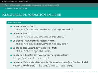 . 
. 
. 
. 
. 
. 
. 
. 
. 
. 
. 
. 
. 
. 
. 
. 
. 
. 
. 
. 
. 
. 
. 
. 
. 
. 
. 
. 
. 
. 
. 
. 
. 
. 
. 
. 
. 
. 
. 
. 
L’ĵłĵŀŏňĹ ĸĹ ĻŇĵńļĹň ĵŋĹķ R 
PĵłŃŇĵŁĵ ĸĹň ńŃňňĽĶĽŀĽŉ͐ň ĸ’ĵłĵŀŏňĹ ĸĹ ĻŇĵńļĹ ňŃŊň R 
RĹňňŃŊŇķĹň Ĺł ŀĽĻłĹ 
RĹňňŃŊŇķĹň ĸĹ ĺŃŇŁĵŉĽŃł Ĺł ŀĽĻłĹ 
Sites internet 
Le site de statnet/sna : 
http://statnet.csde.washington.edu/ 
Le site de igraph : 
http://igraph.sourceforge.net/ 
Le groupe « Flux, matrices, réseaux » (FMR) : 
http://groupefmr.hypotheses.org/ 
Le site de Tore Opsahl, développeur de tnet : 
http://toreopsahl.com/ 
Le site de Julien Barnier, développeur de rgrs/questionr : 
http://alea.fr.eu.org/ 
Le site de l’International Network for Social Network Analysis (Sunbelt Social 
Networks Conference) : http://www.insna.org/ 
 