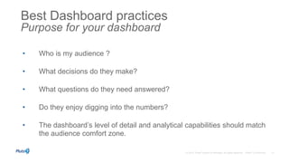 • Who is my audience ?
• What decisions do they make?
• What questions do they need answered?
• Do they enjoy digging into the numbers?
• The dashboard’s level of detail and analytical capabilities should match
the audience comfort zone.
 