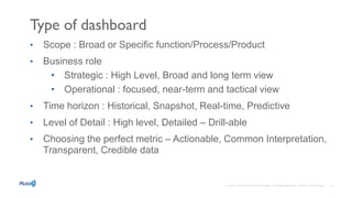 Type of dashboard
• Scope : Broad or Specific function/Process/Product
• Business role
• Strategic : High Level, Broad and long term view
• Operational : focused, near-term and tactical view
• Time horizon : Historical, Snapshot, Real-time, Predictive
• Level of Detail : High level, Detailed – Drill-able
• Choosing the perfect metric – Actionable, Common Interpretation,
Transparent, Credible data
 