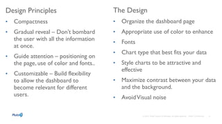 The Design
• Organize the dashboard page
• Appropriate use of color to enhance
• Fonts
• Chart type that best fits your data
• Style charts to be attractive and
effective
• Maximize contrast between your data
and the background.
• AvoidVisual noise
Design Principles
• Compactness
• Gradual reveal – Don’t bombard
the user with all the information
at once.
• Guide attention – positioning on
the page, use of color and fonts..
• Customizable – Build flexibility
to allow the dashboard to
become relevant for different
users.
 