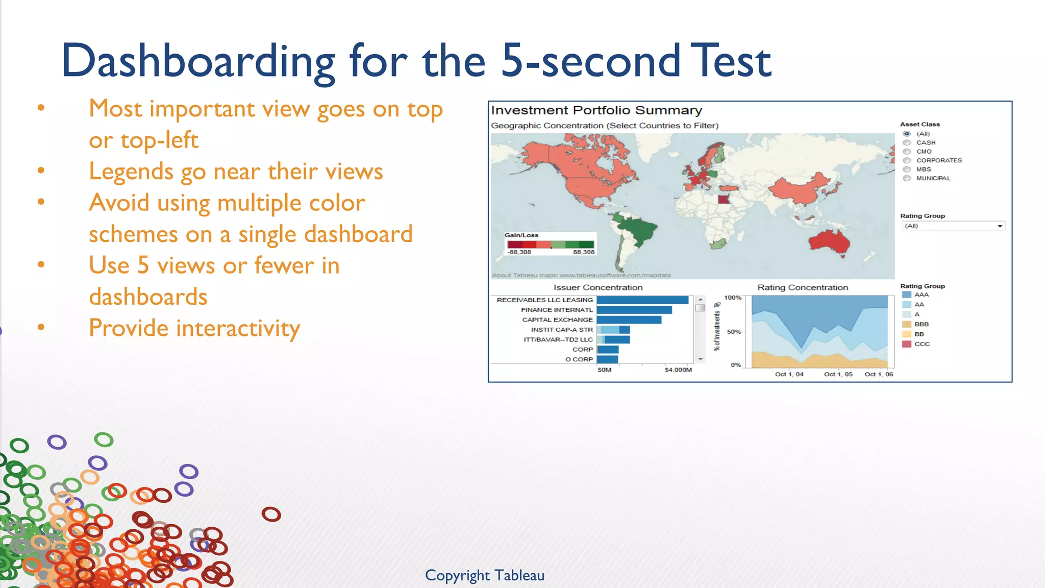 Dashboarding for the 5-second Test 
• Most important view goes on top 
or top-left 
• Legends go near their views 
• Avoid using multiple color 
schemes on a single dashboard 
• Use 5 views or fewer in 
dashboards 
• Provide interactivity 
Copyright Tableau 
